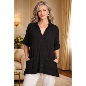 Alembika Black Crinkle Tunic Top SZ XL Oversized Artwear Patch Pocket Blouse